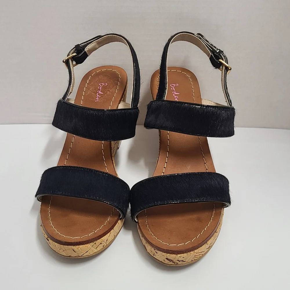 Boden Women's Black Calfhair Leather Louisa Cork Wedges Sz 39 US 8 - Picture 3 of 14